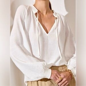 Brochu Walker Amaia White Crinkle Peasant Blouse Long Sleeve Size Small